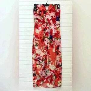 Yumi Kim Strapless Floral Midi Dress Size Small Red&pink Wrap Dress